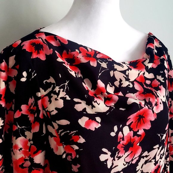 Women's Dress Ditzy Floral Black & Pink 3/4 Sleeve Cowl Neck Holiday Party Fun - Picture 3 of 10